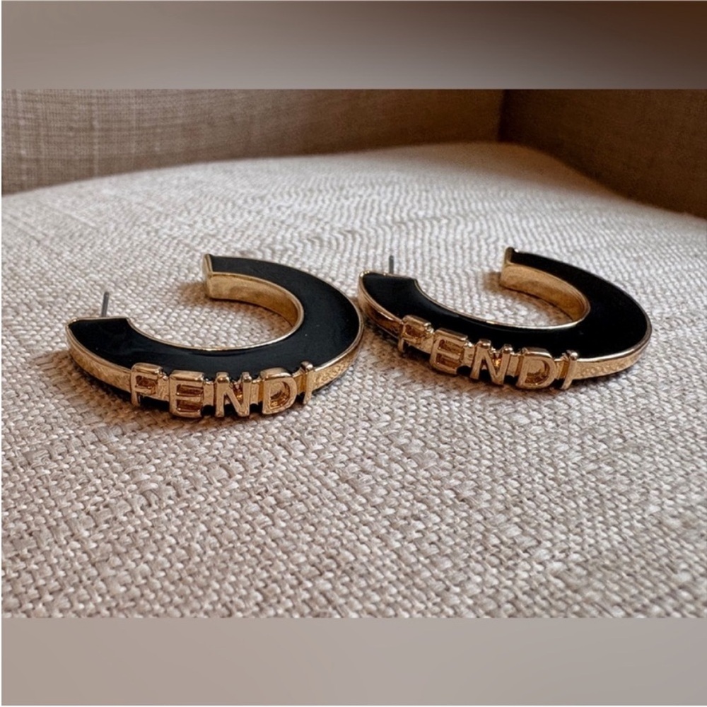 Fendi Black Enamel Hoop Earrings with Gold Logo Trim - Picture 5 of 7